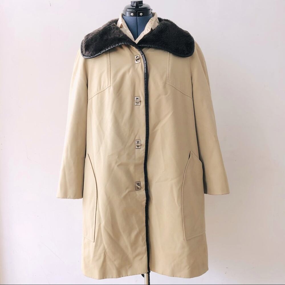 Vintage Faux Fur Lined Jacket Unique Buttons Size 12 Pockets Wide Fur Collar XL